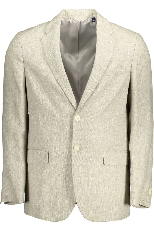 Men's Coats with Magnetic ClosuresBeige Linen Classic Jacket With Logo Detailing