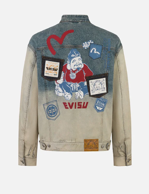 Men's Coats for Outdoor ActivitiesEbisu Print and Multi-Pocket Loose Fit Biker Denim Jacket