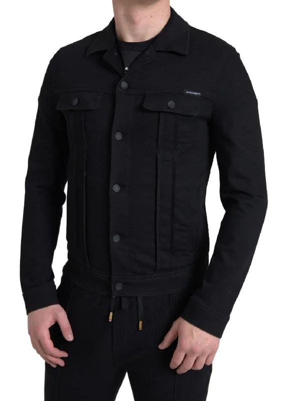 Men's Coats with VentilationElegant Black Denim Logo Jacket