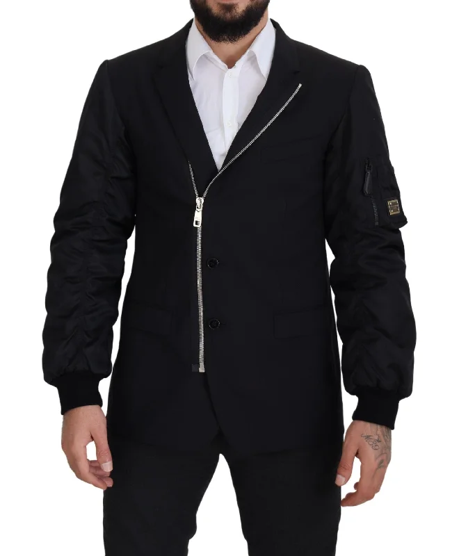Men's Coats with Multi-Pocket DesignElegant Black Virgin Wool Jacket