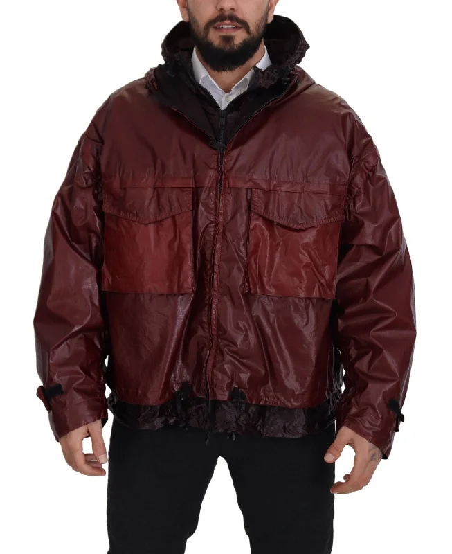 Durable Men's Car CoatsElegant Bordeaux Full Zip Hooded Jacket