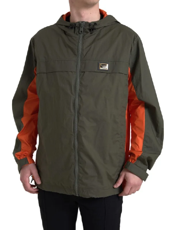 Men's Coats with Wind-Resistant FabricElegant Hooded Full Zip Jacket In Green And Orange