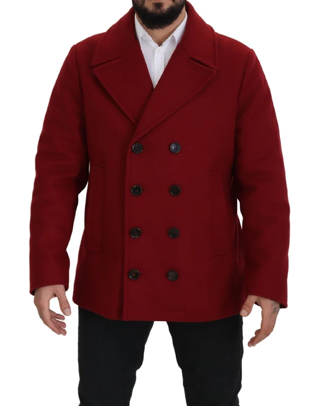 Men's Coats with PocketsElegant Red Double Breasted Wool Jacket