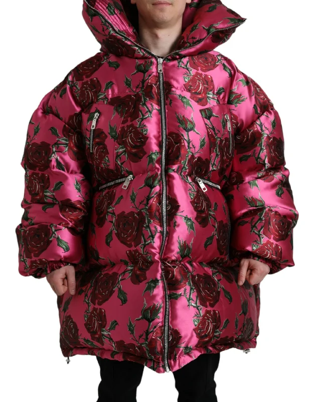 Men's Coats with Modern CutsElegant Rose Print Quilted Jacket