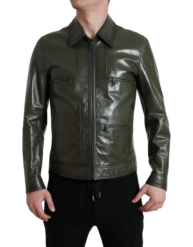 Men's Coats with Adjustable SleevesEmerald Elegance Leather Biker Jacket