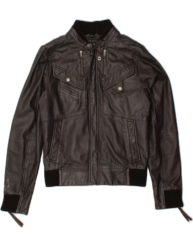 Men's Coats with Fur TrimFRED MELLO Mens Leather Jacket UK 36 Small Brown Leather
