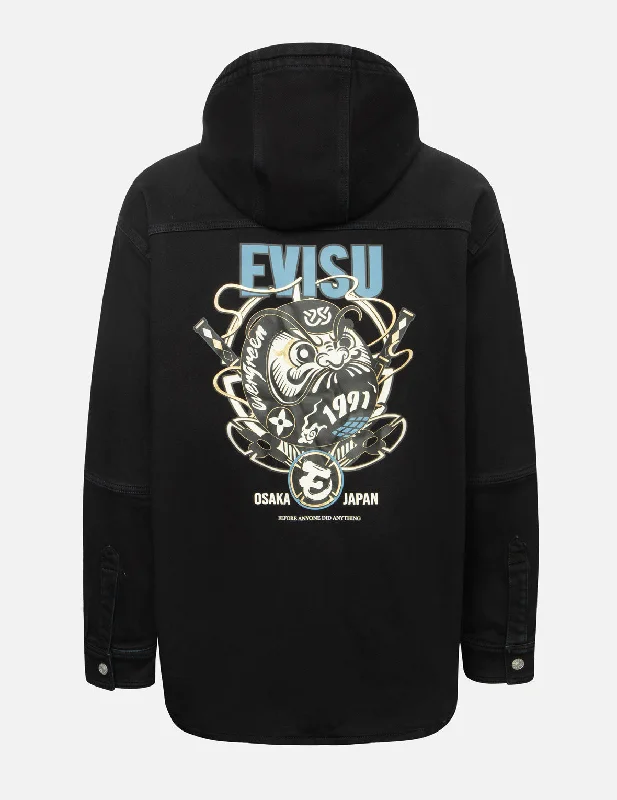 Men's Coats with Breathable FabricNinja Daruma and Logo Print Regular Fit Hooded Denim Shirt Jacket Men's Coats with Breathable FabricNinja Daruma and Logo Print Regular Fit Hooded Denim Shirt Jacket