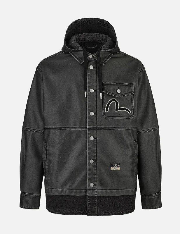 Men's Coats for Casual WearSeagull Print and Embossed Logo Regular Fit Vegan Leather Jacket