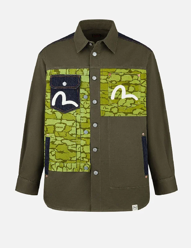Warm Men's Down JacketsSeagull Print and Hybrid Ishigaki Camouflage Regular Fit Shirt Jacket