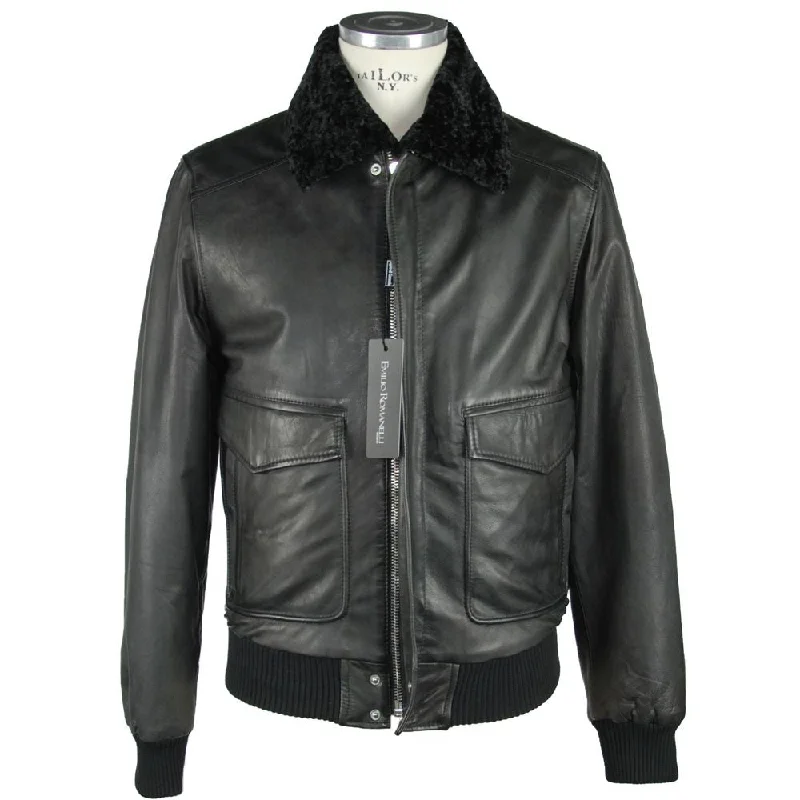 Men's Coats with Fur TrimSleek Black Leather Zip Jacket
