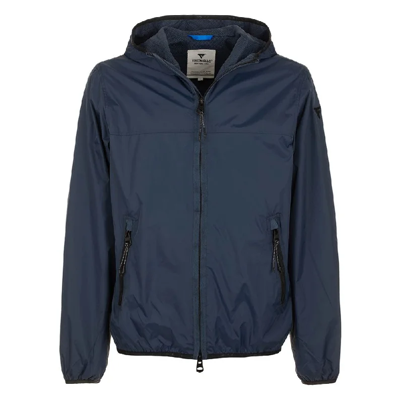 Men's Coats with Reflective StripesSleek Blue Nylon Jacket - Zip Closure & Compact Design
