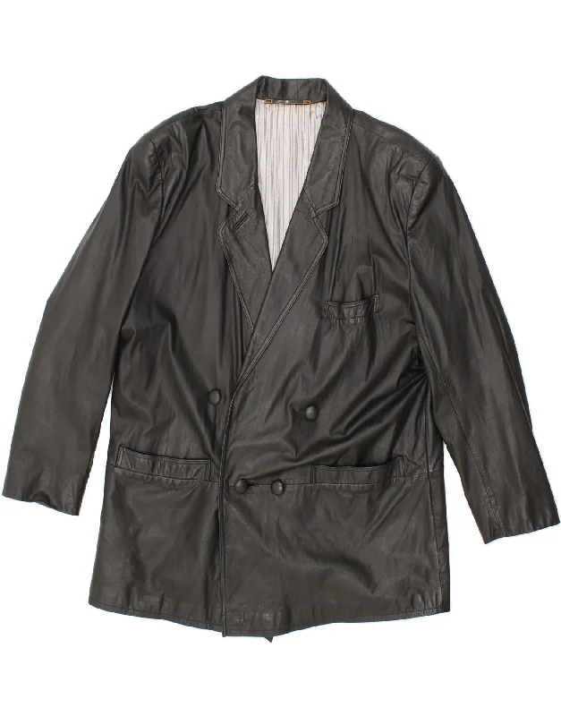 Cool Men's Pea CoatsVINTAGE Mens Leather Double Breasted Blazer Jacket UK 44 2XL Black Leather